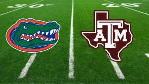 UF Gators and Texas A&M Logos facing each other