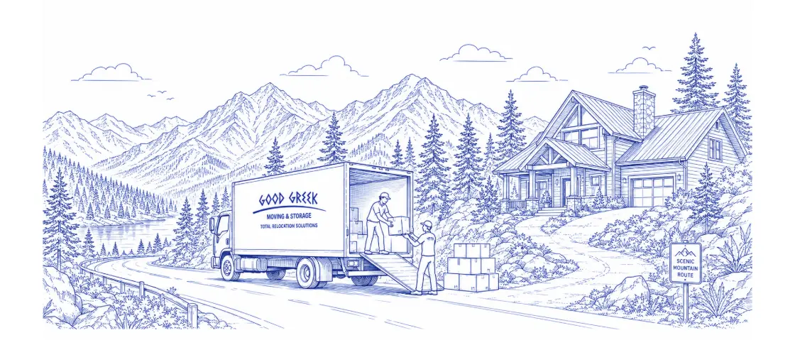 Good Greek Moving trucks in mountain scene
