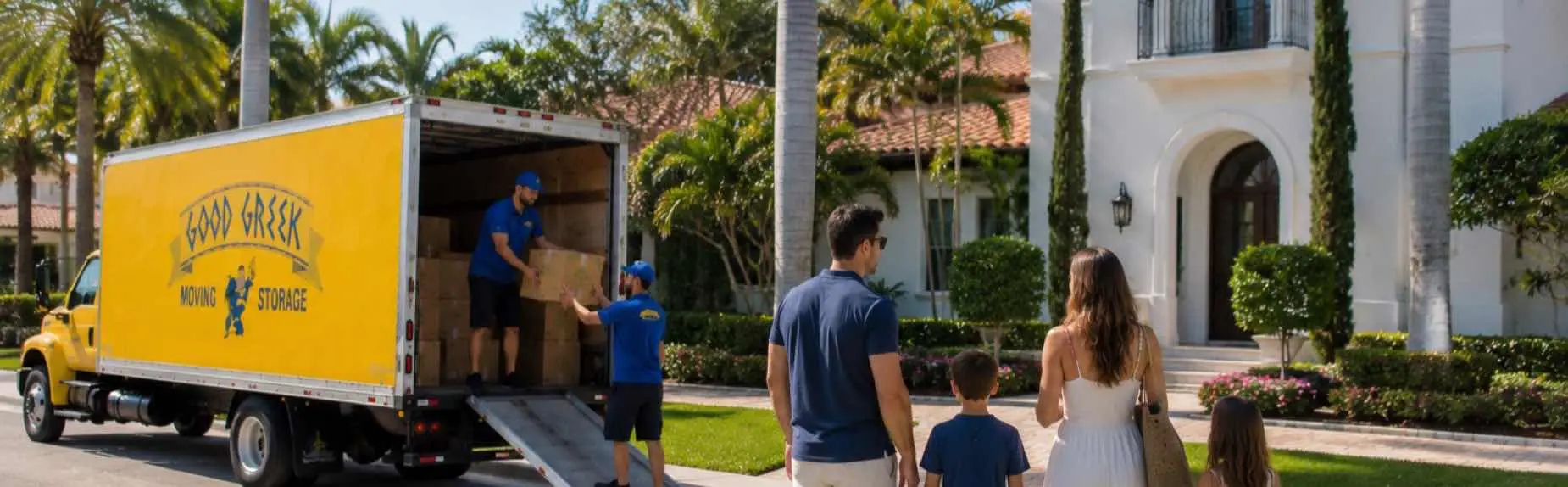 Good Greek moving truck and family in front of a home in Palm Beach Florida
