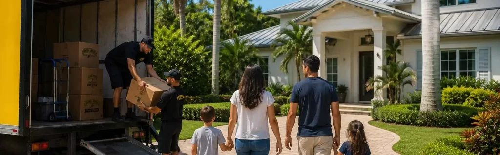 Good Greek movers unloading a moving truck for a family in Palm City Florida