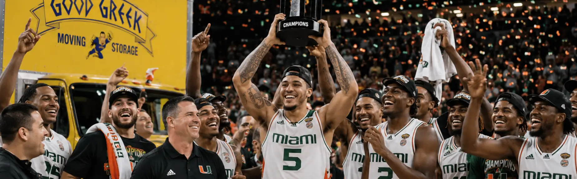 Miami Hurricanes men's basketball team celebrating a historic win with Good Greek