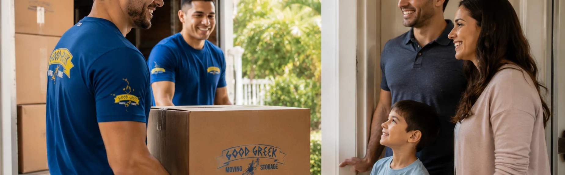 Good Greek moving team treating a family and child like family